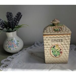 Vintage Japanese Ceramic Spice Jar | EPICES Canister With Floral Lid